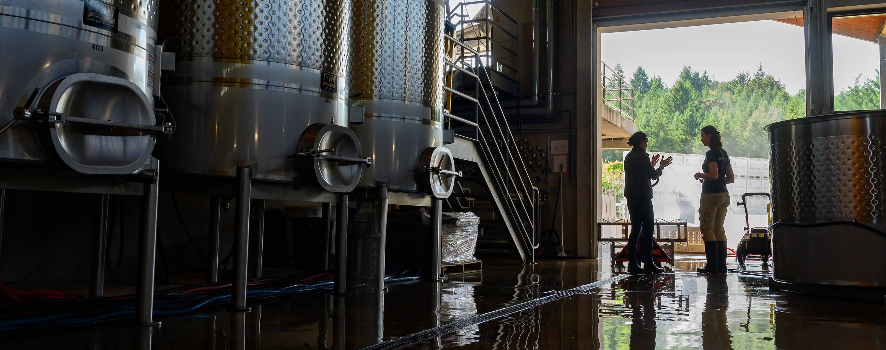 Two people in Penner-Ash cellar, nest to fermentation tanks talking.